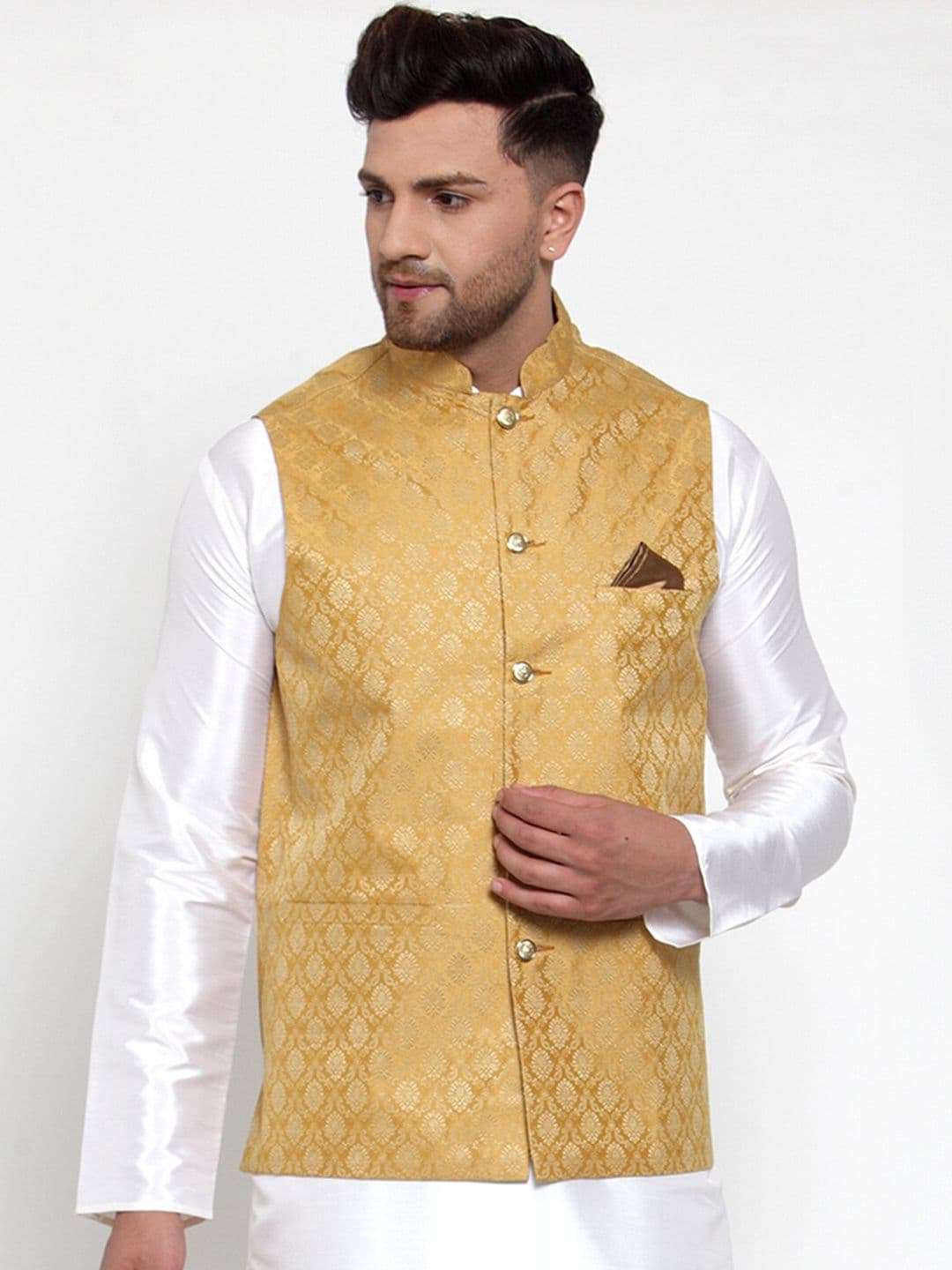 Jompers Men Gold & Beige Woven-Design Nehru Jacket - view 1