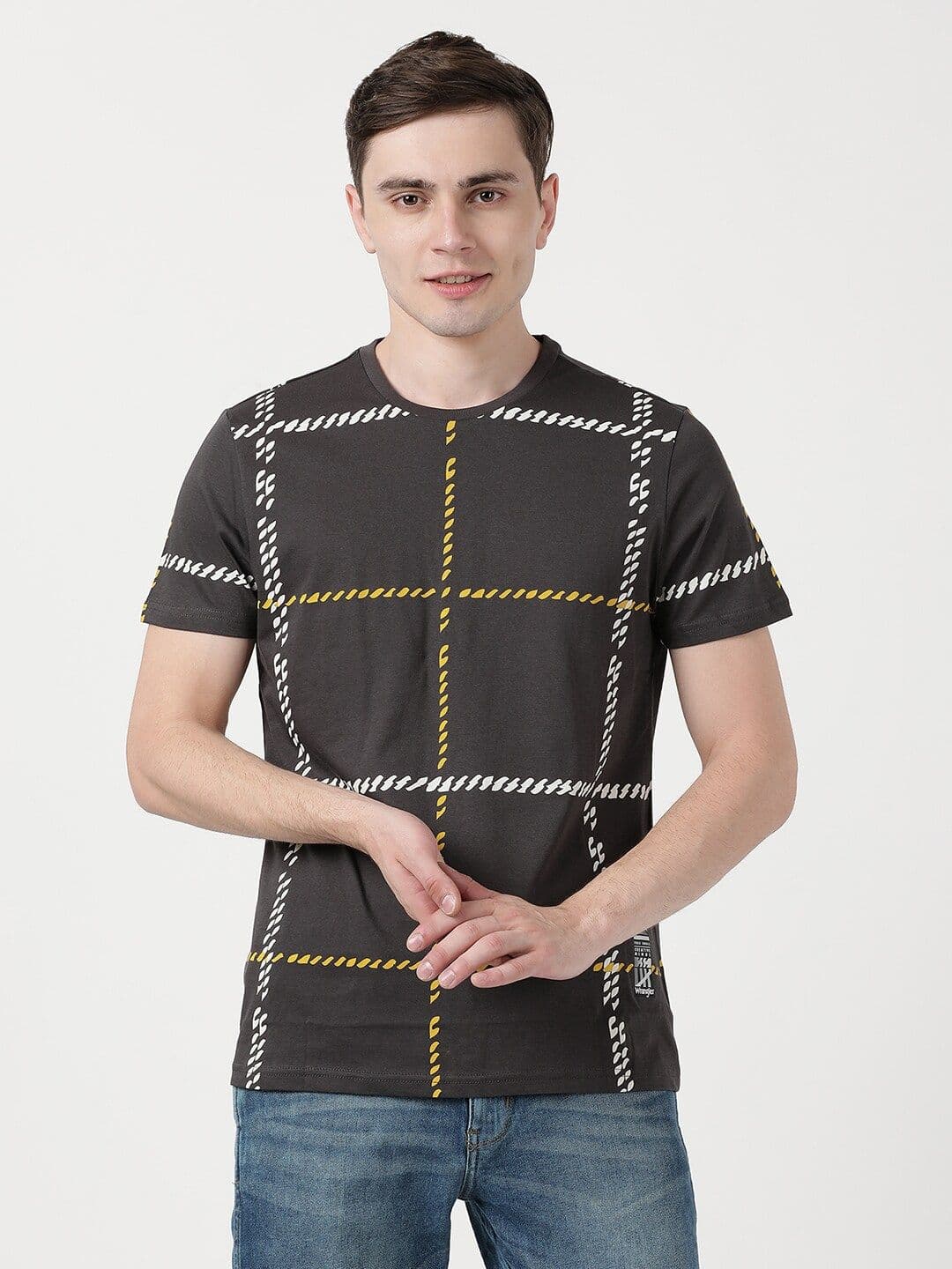 Wrangler Men Grey & Yellow Checked Cotton T-shirt - view 1