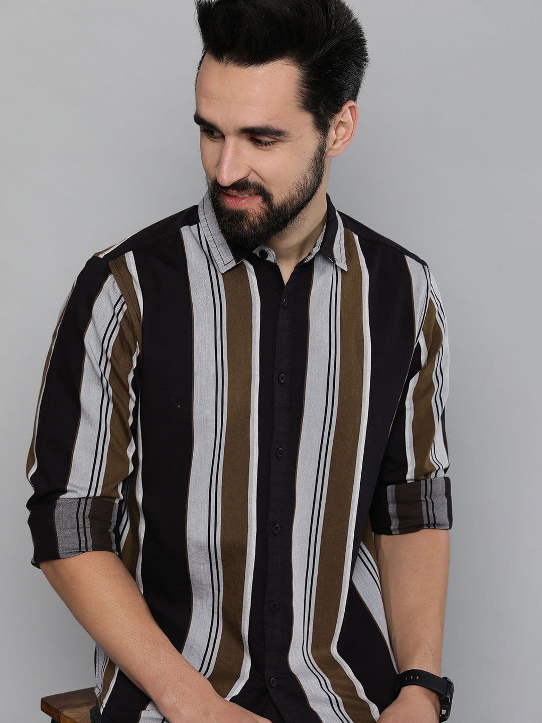 HERE&NOW Men Black & Grey Pure Cotton Slim Fit Multi Stripes Checked Casual Shirt - view 1