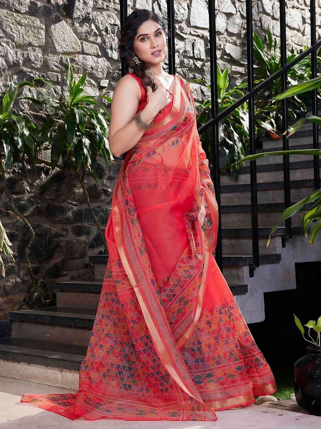 KALINI Pink & Green Checked Zari Organza Saree - view 1