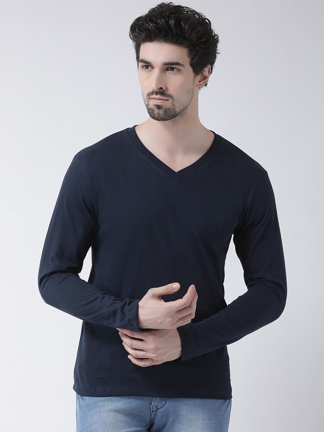 Friskers Men Navy Blue V-Neck Pure Cotton T-shirt - view 1