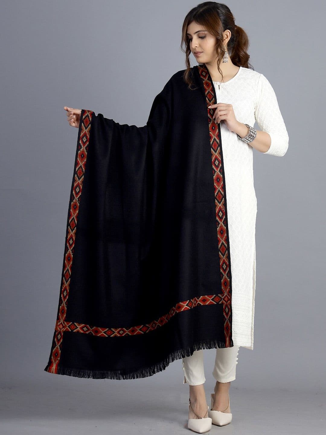 HANDICRAFT PALACE Women Black Woven-Design Shawl - view 1