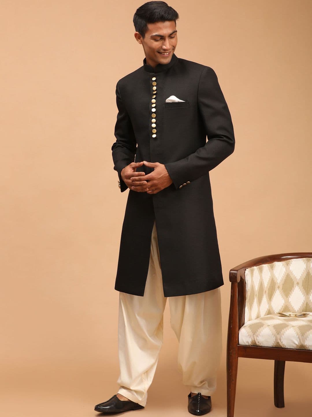 VASTRAMAY Men Black & Cream Solid Achkan Sherwani Set - view 1