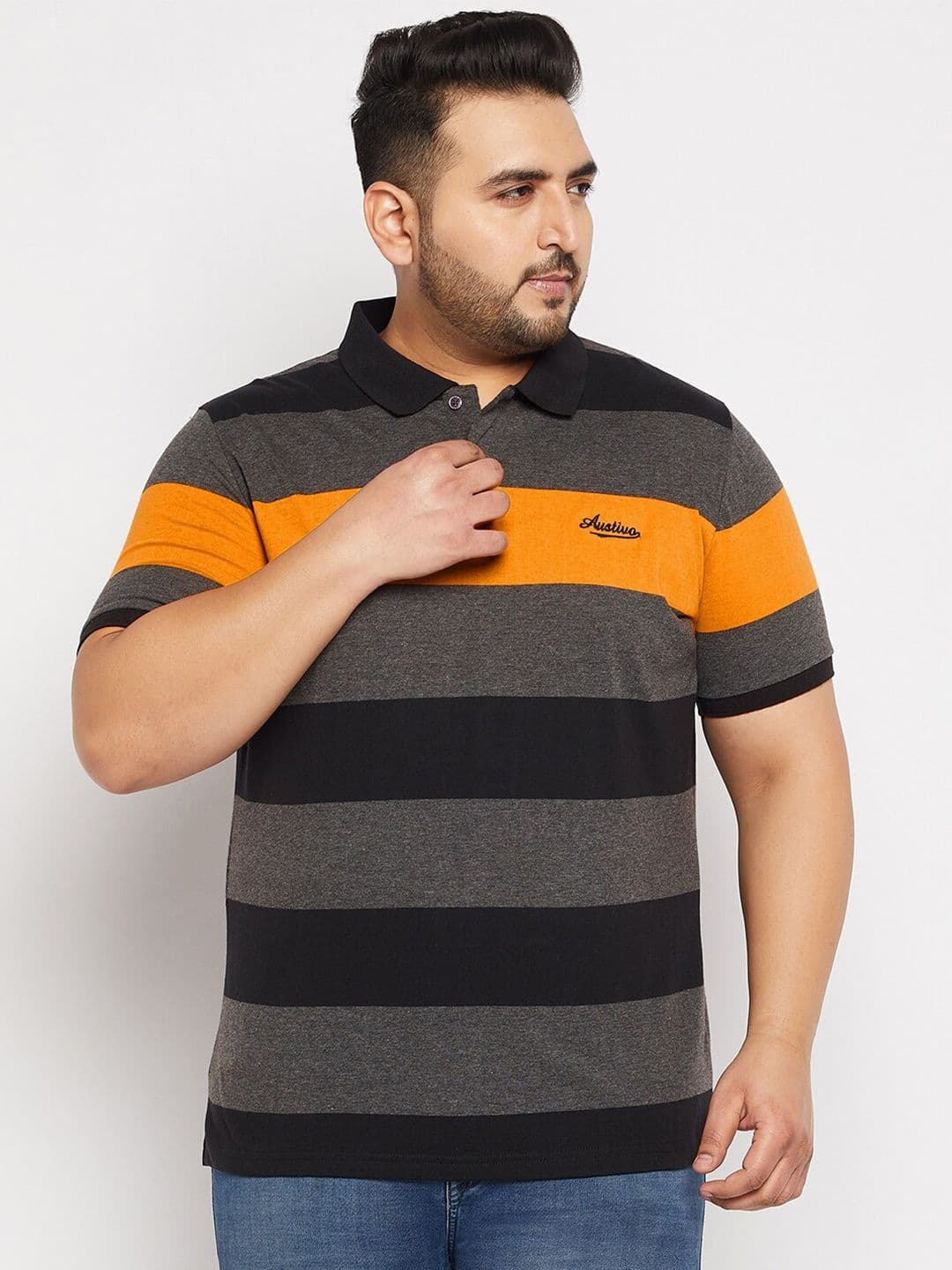AUSTIVO Men Plus Size Striped Polo Collar T-shirt - view 1