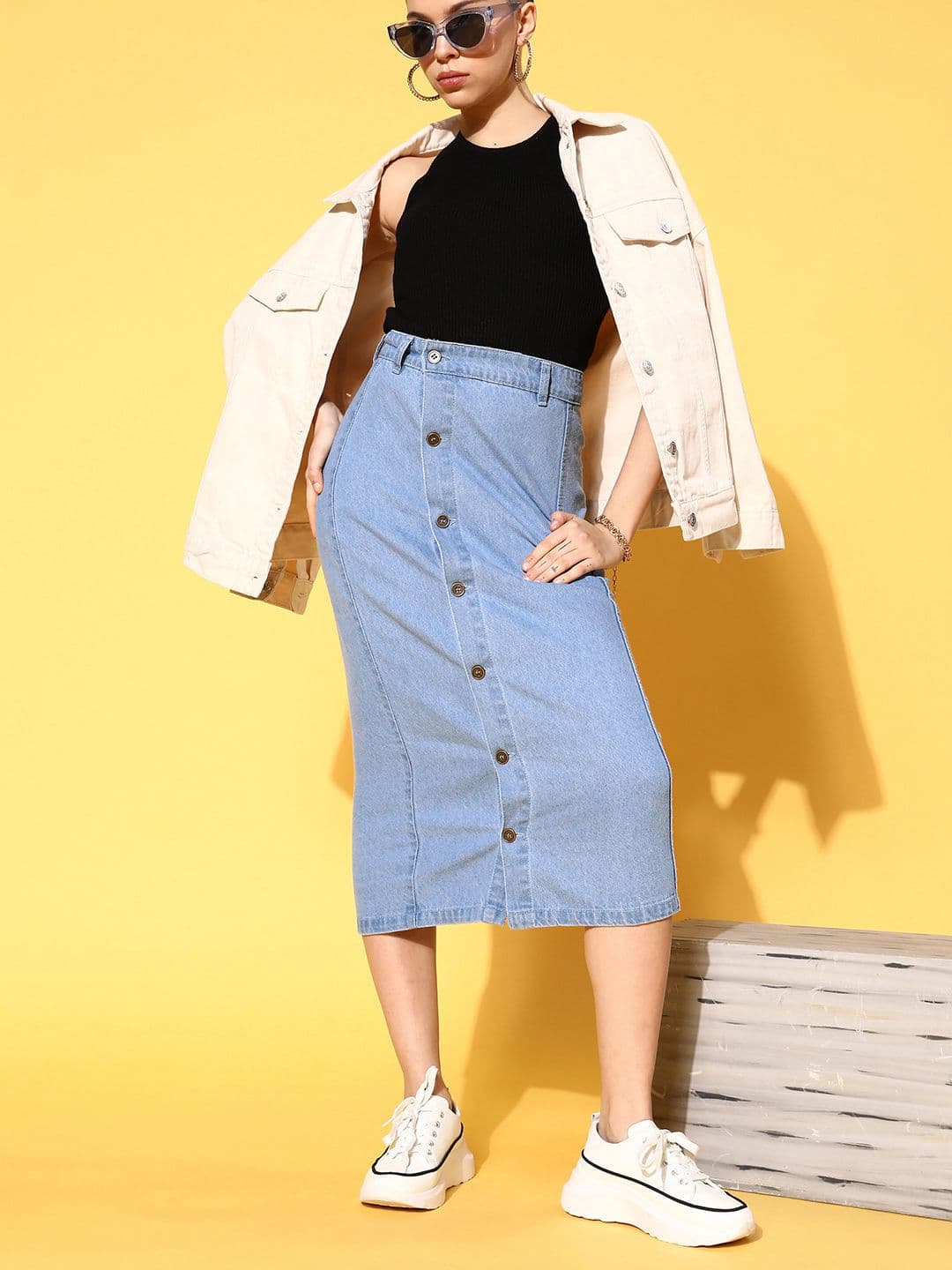 SASSAFRAS Women Blue Solid Denim Skirts - view 1