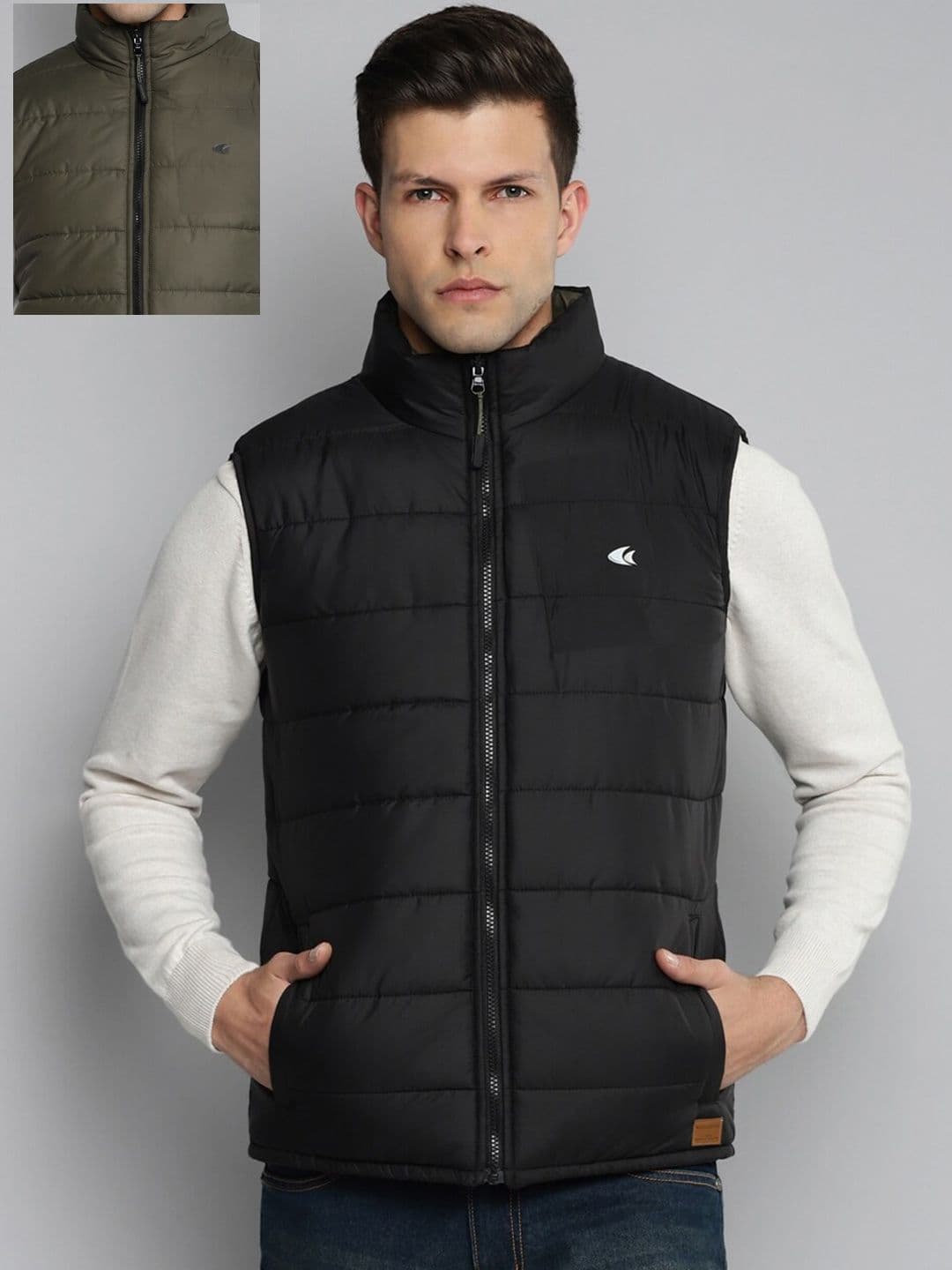 Allen Cooper Men Black & Olive Green Reversible Sleeveless Quilted Jacket - view 1