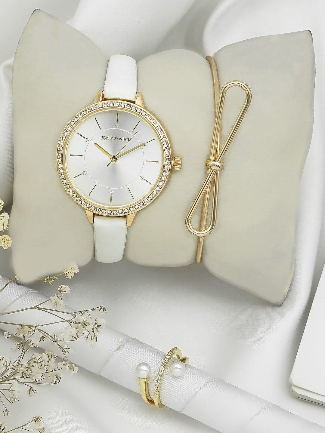 JOKER & WITCH Women Gold Toned & White Analogue Watch With Bracelet And Ring Gift Set - view 1