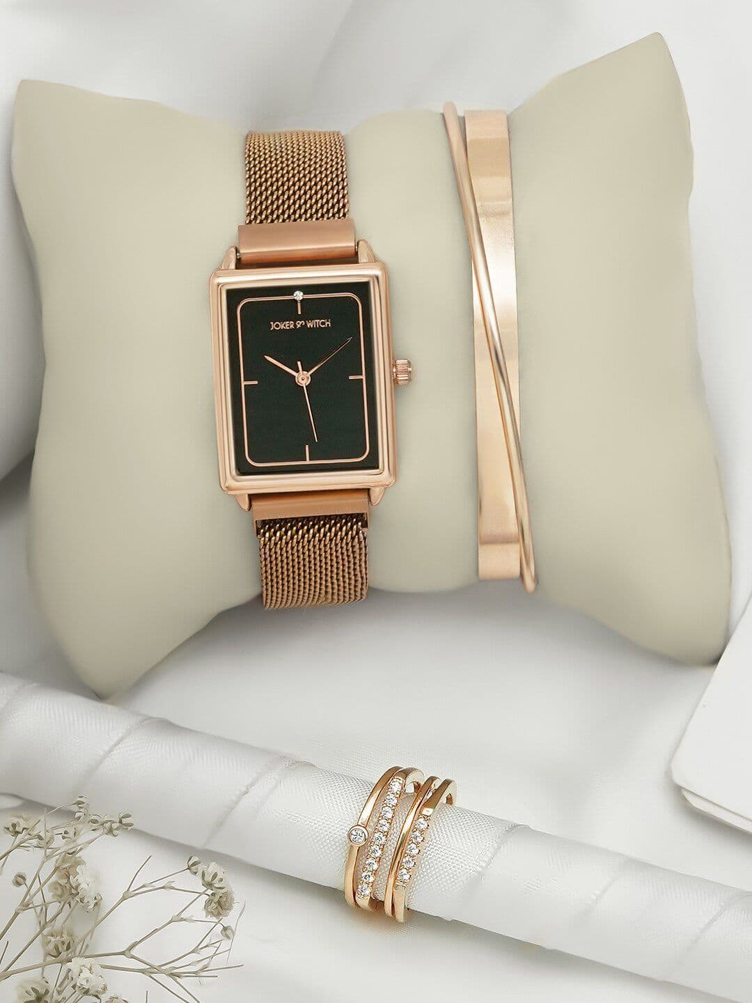 JOKER & WITCH Women Rose Gold Toned & Black Analogue Watch With Bracelet And Ring Gift Set - view 1
