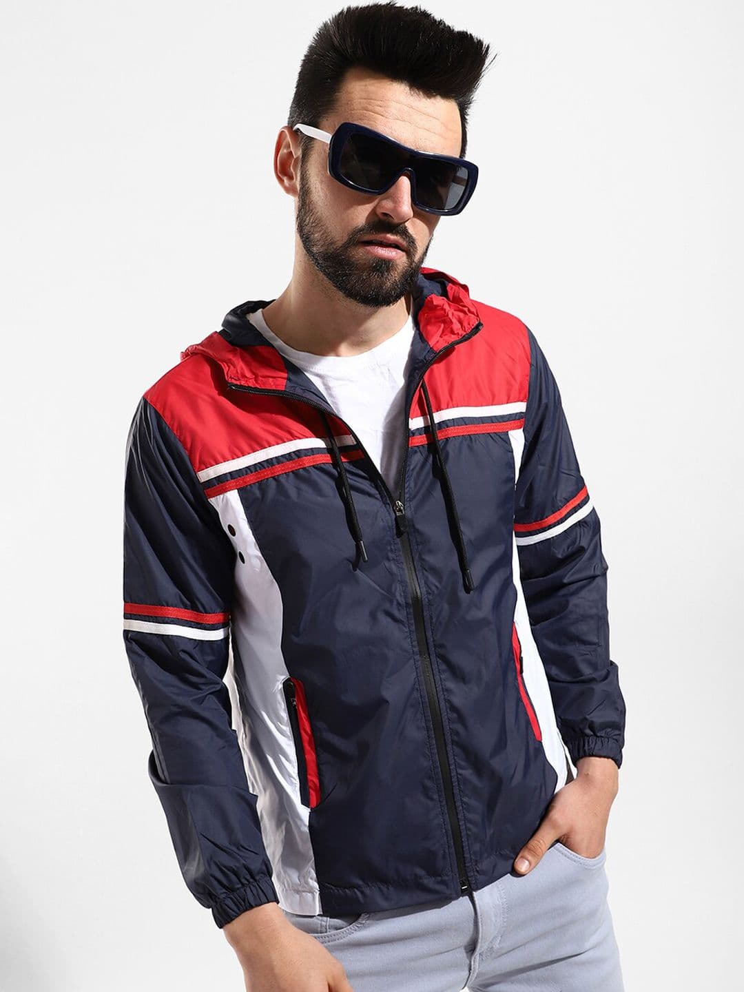 CAHOOT Men Navy Blue & Red Colourblocked Windcheater Outdoor Hooded Bomber Jacket - view 1