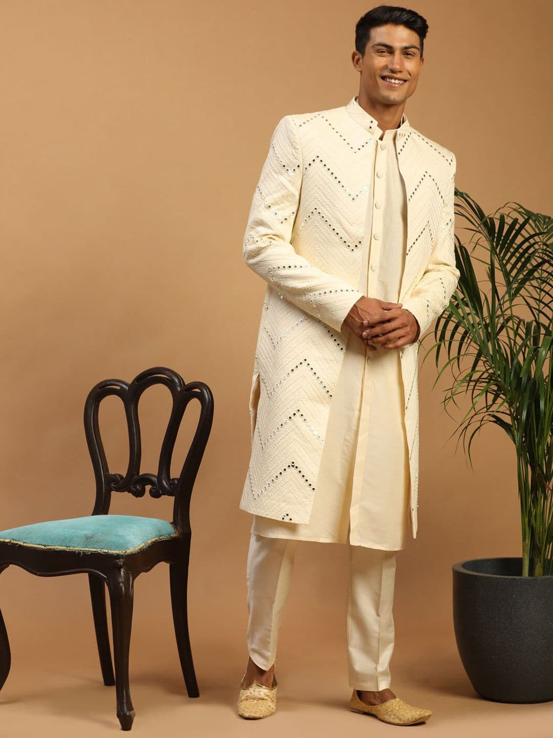 VASTRAMAY Mirror Work Front Open Sherwani Over Viscose Kurta Pyjama Set - view 1