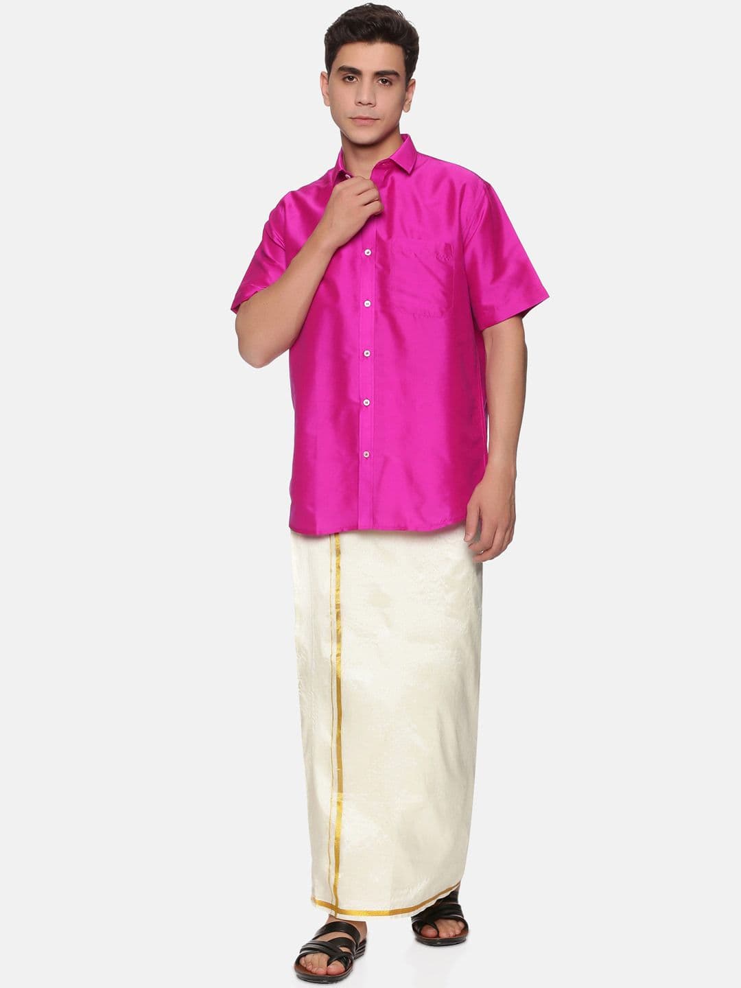 Sethukrishna Men Fuchsia & Off White Shirt with Dhoti Set - view 1