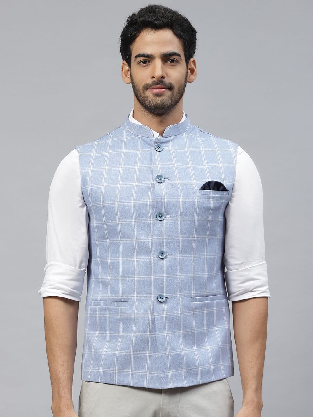 ESSAS club Men Checked Nehru Jacket with Pocket Square - view 1
