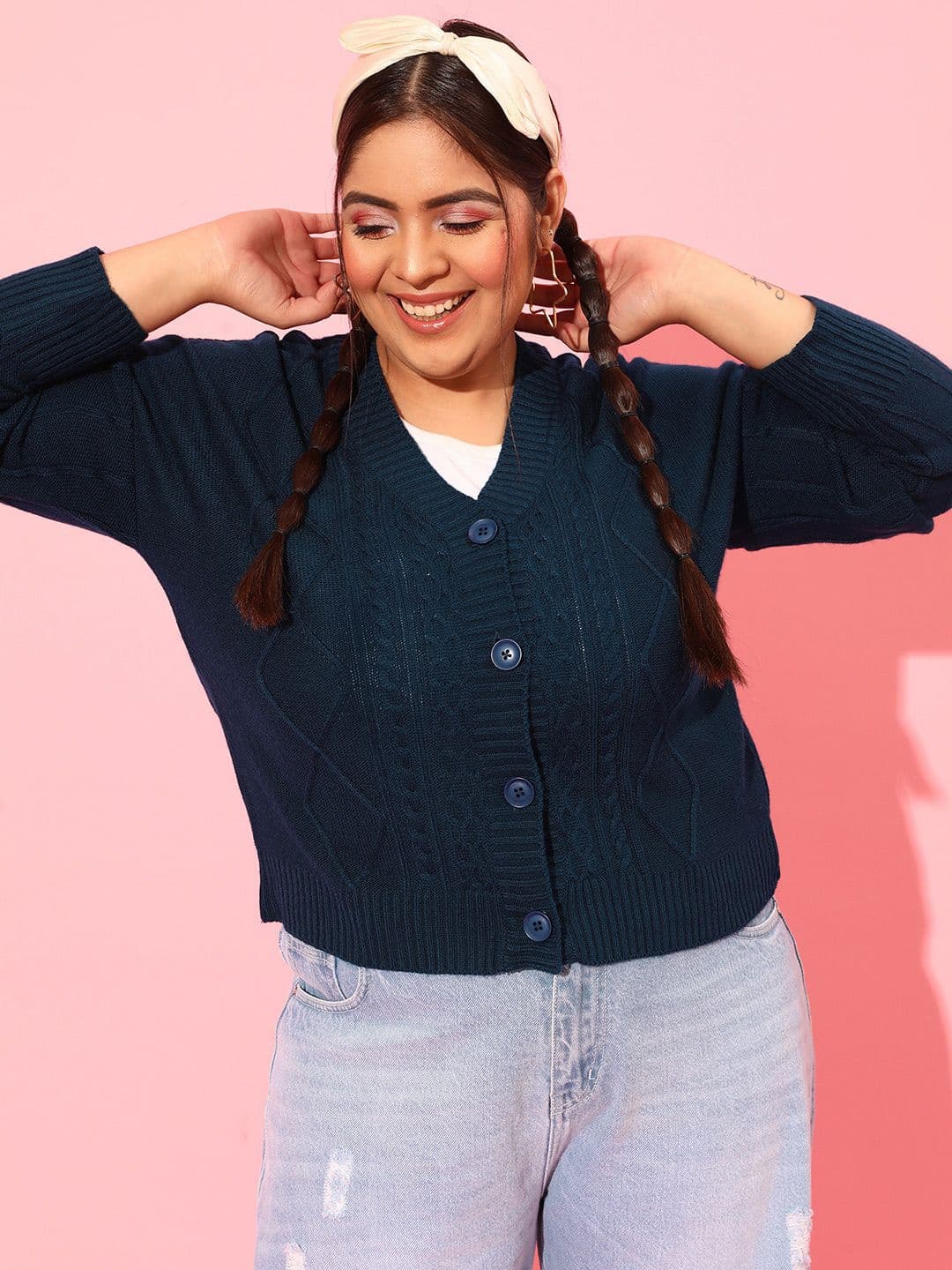 CURVY STREET Plus Size Women Navy Blue Cable Knit Acrylic Cardigan - view 1