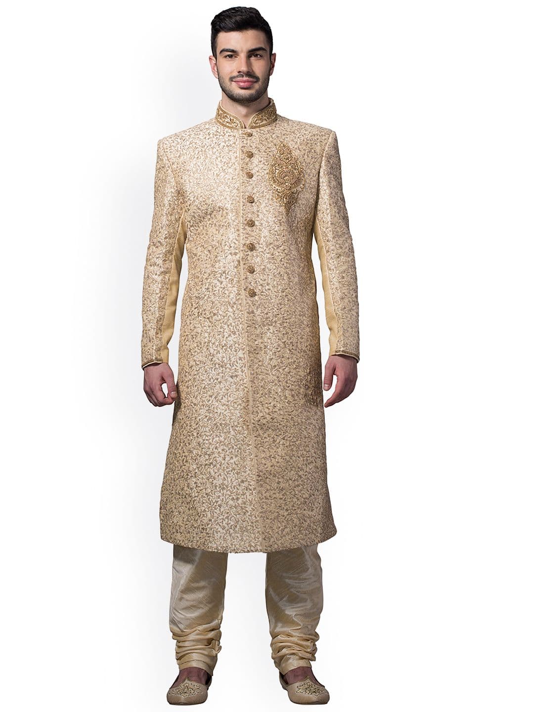 Manyavar Cream Embroidered Silk Sherwani - view 1