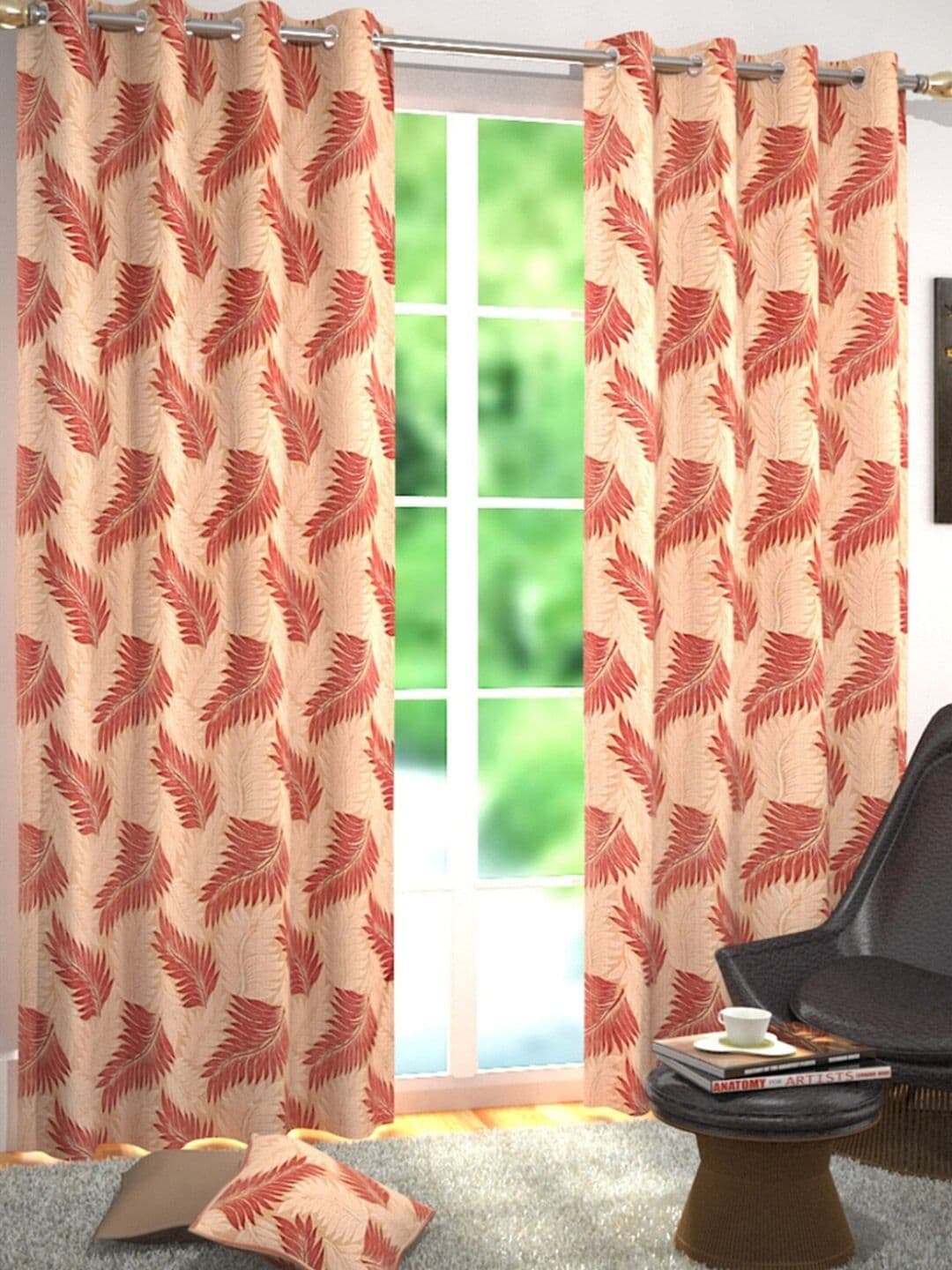 Homefab India Maroon & Peach Set of 2 Long Door Curtains 9 Feet - view 1