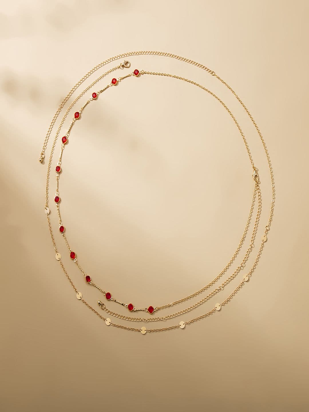 AQUASTREET Set Of 2 Gold-Plated Red Stone-Studded Layered Waist Chain - view 1