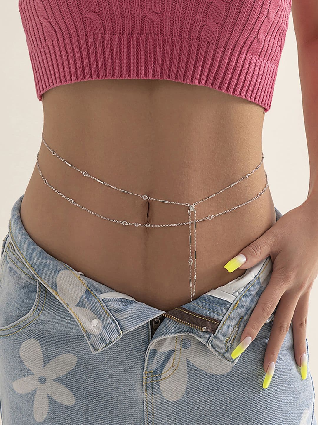 AQUASTREET Set Of 2 Silver-Plated & Stone-Studded Layered Waist Chain - view 1