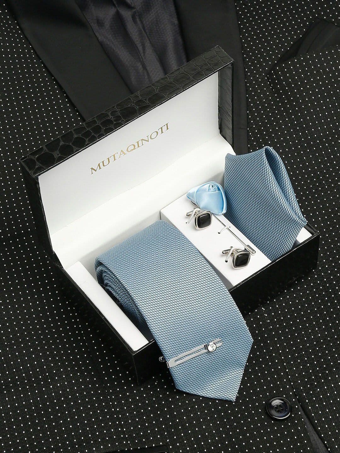 MUTAQINOTI Men Light Blue Silk Necktie Accessory Gift Set - view 1