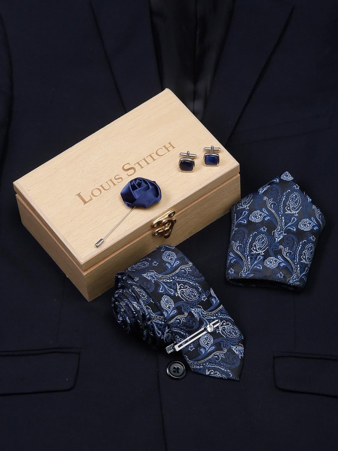 LOUIS STITCH Men's Royal Blue Italian Silk Necktie Accessory Gift Set - view 1