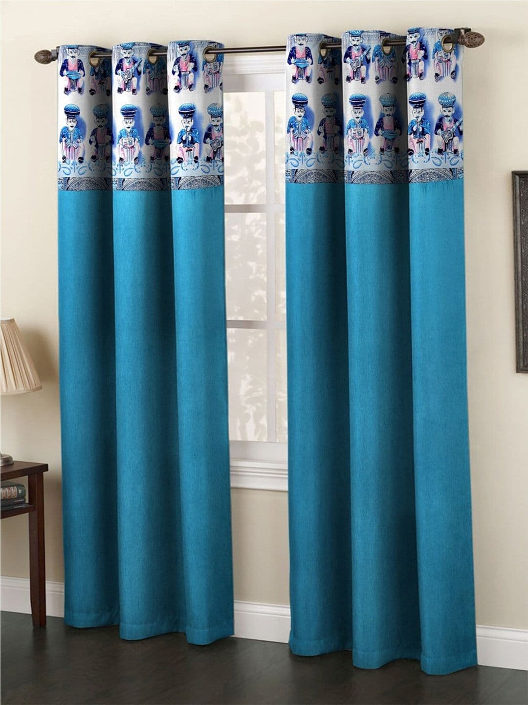 Homefab India Tabla Turquoise Blue & White Set of 2 Ethnic Motifs Long Door Curtains - view 1