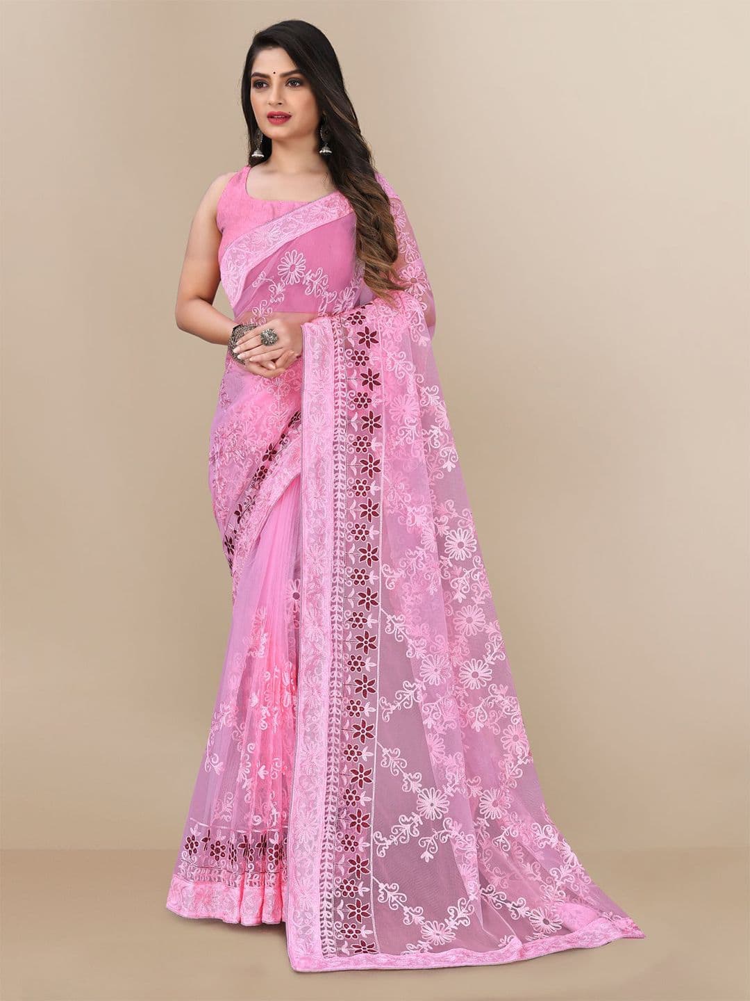 VAIRAGEE Floral Embroidered Net Saree - view 1