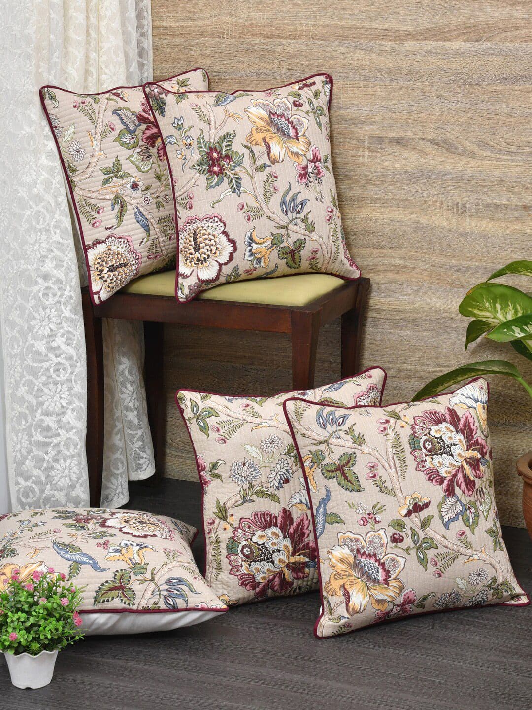 Clasiko Pink Floral Cotton Lightweight 5 Pcs Embellished Cushion Covers - 18 x 18 Inches - view 1
