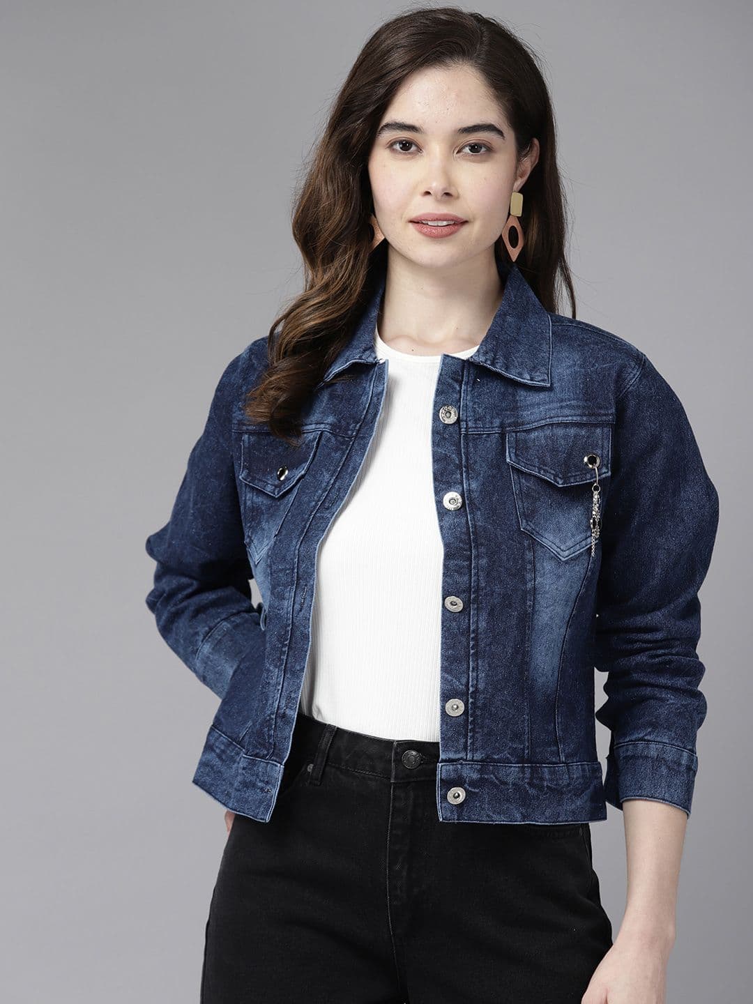 Aarika Women Navy Blue Solid Denim Jacket - view 1