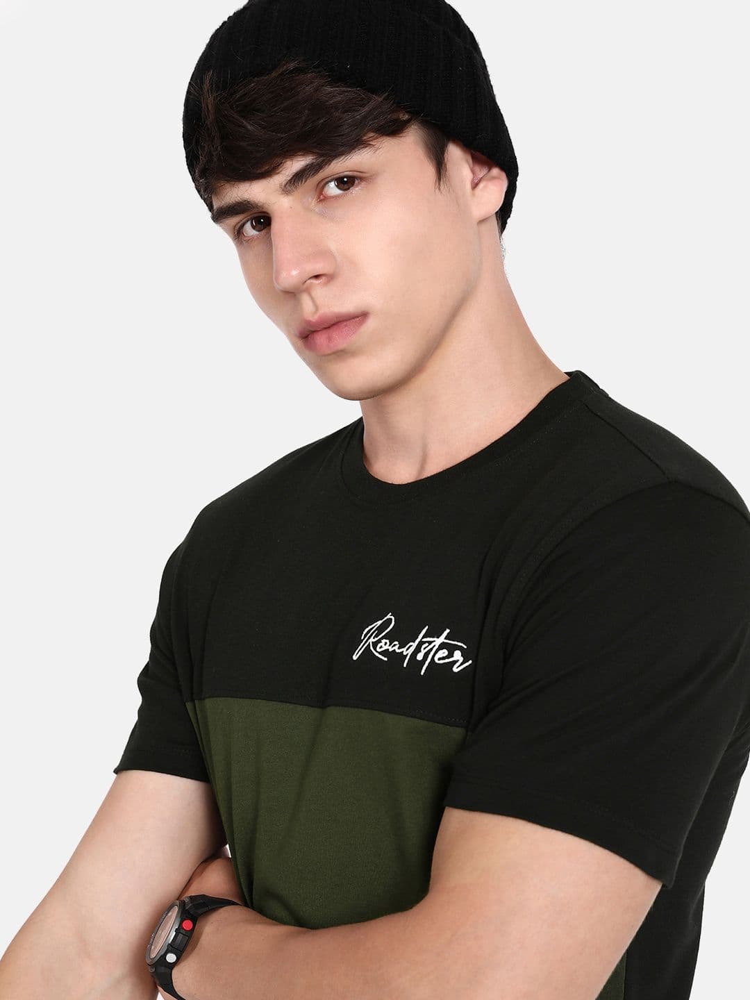 The Roadster Life Co. Olive Green & Black Patched & Panelled Pure Cotton T-shirt - view 1