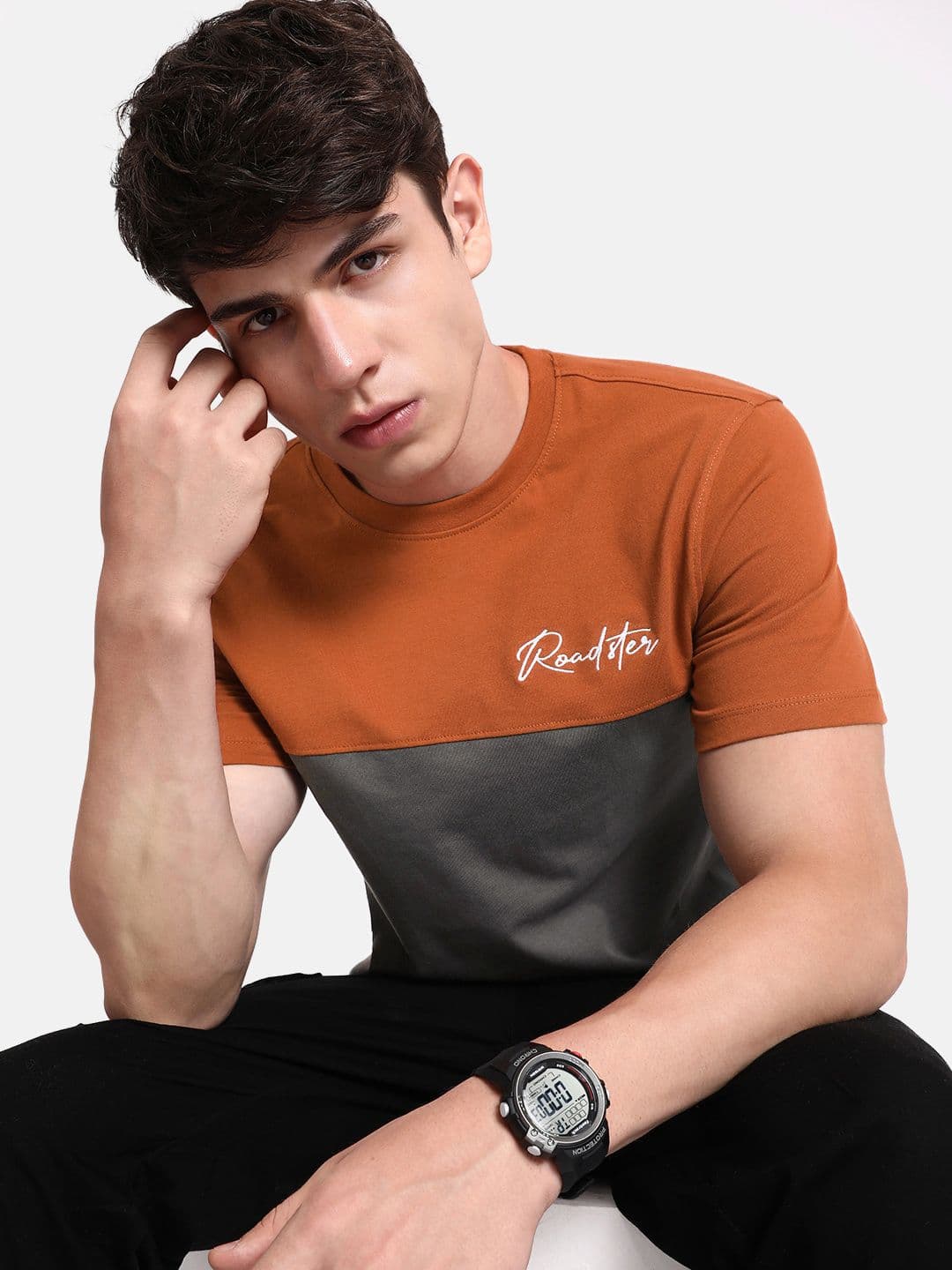 The Roadster Life Co. Rust Orange & Grey Patched & Panelled Pure Cotton T-shirt - view 1