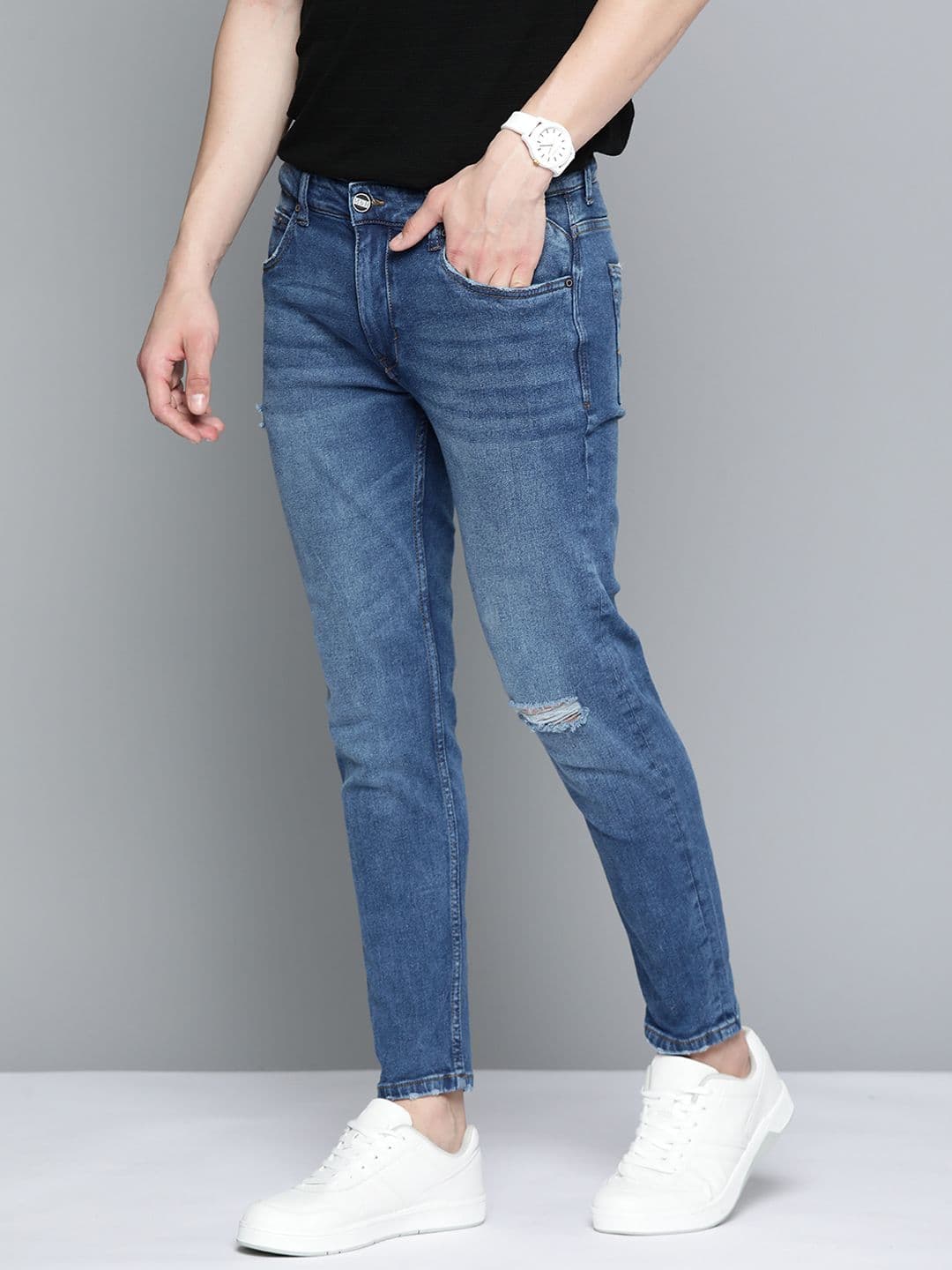 Mast & Harbour Men Slim Tapered Fit Low Distressed Light Fade Stretchable Jeans - view 1