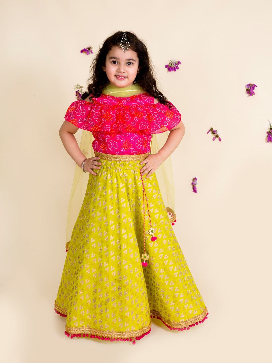 Pspeaches Girls Green And Pink Foil Bandhani Lehenga Blouse Dupatta Set - view 1