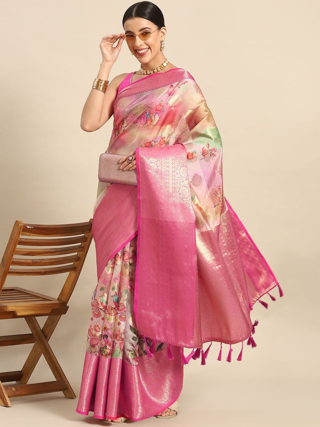Silk Land Woven Floral Art Silk Chanderi Digital Print Saree - view 1