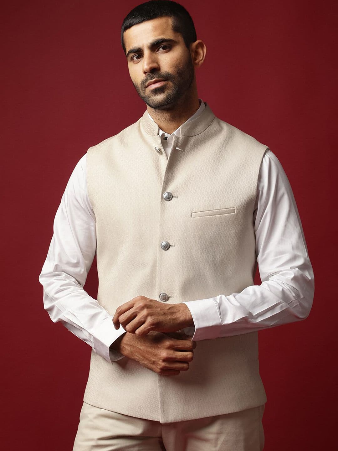 RARE RABBIT Men Beige Tailored Fit Sleeveless Mandarin Collar Bandhgala - view 1