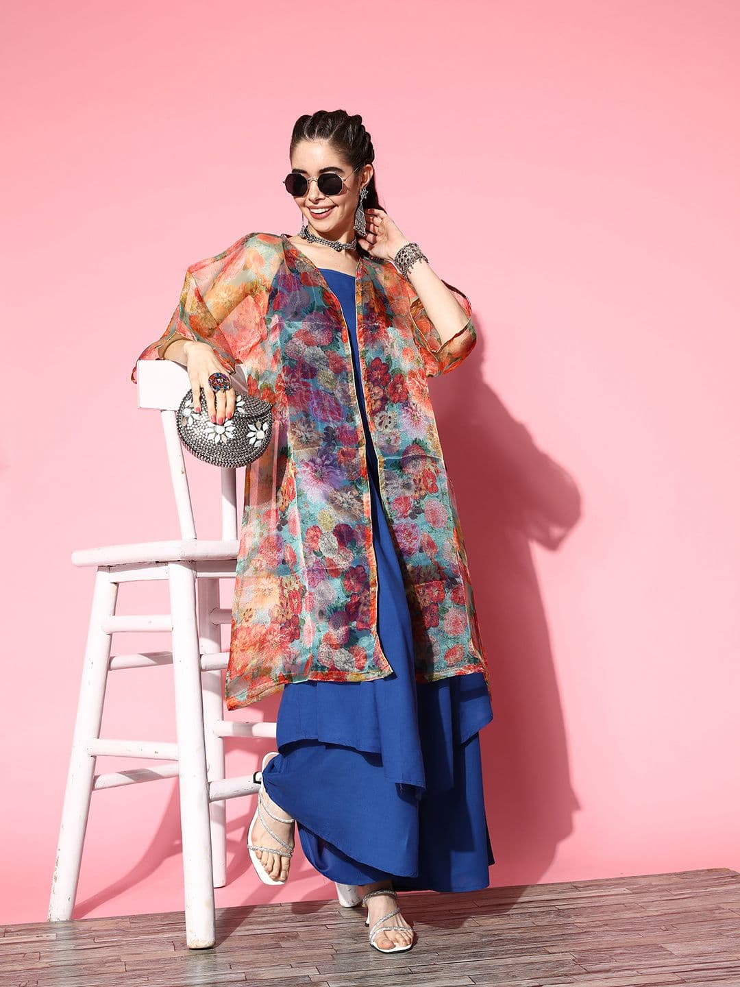 InWeave Solid Shoulder Straps Pleated Kurta With Palazzos & With Jacket - view 1