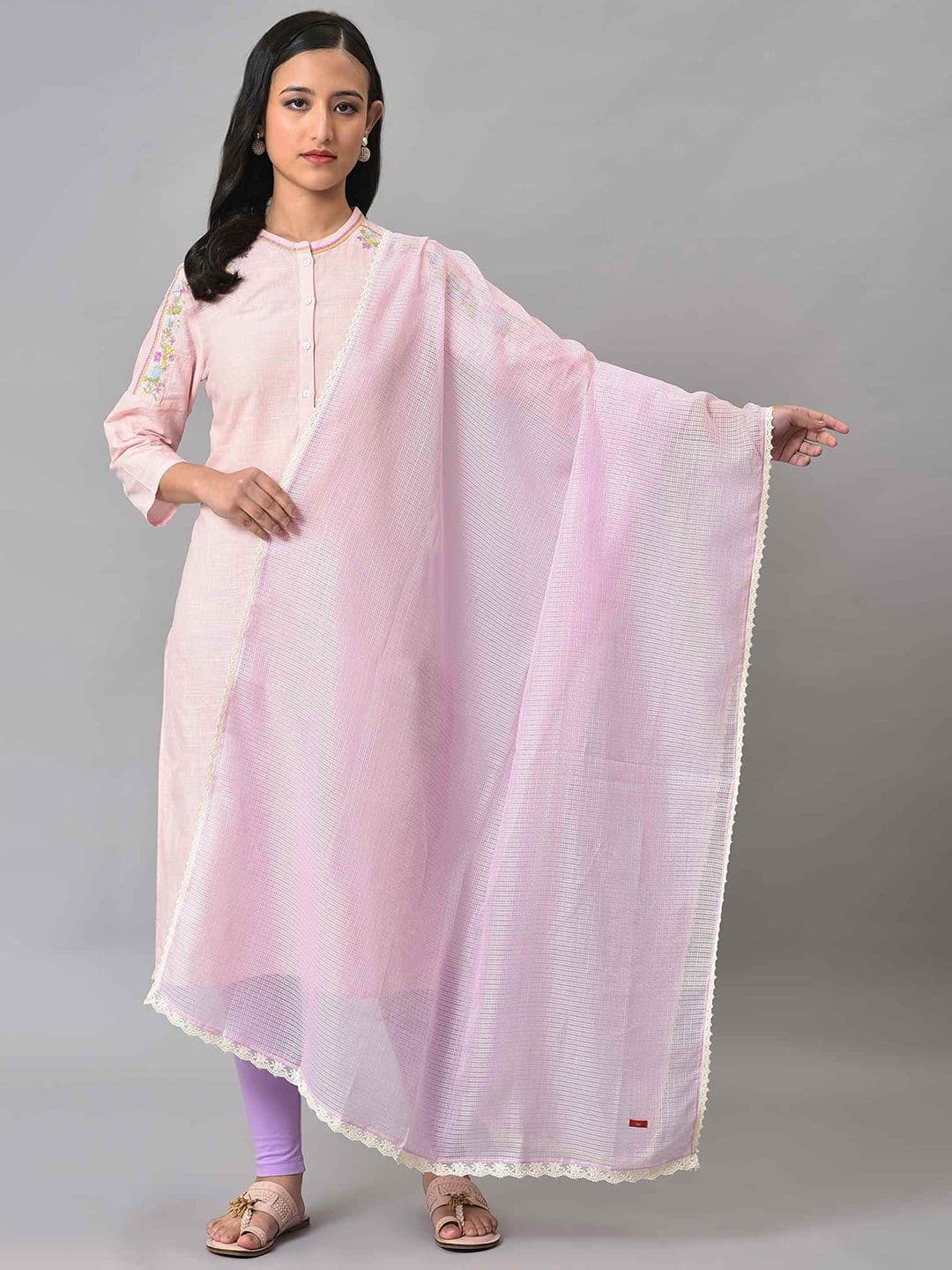 W Checked Dupatta With Taping Border - view 1