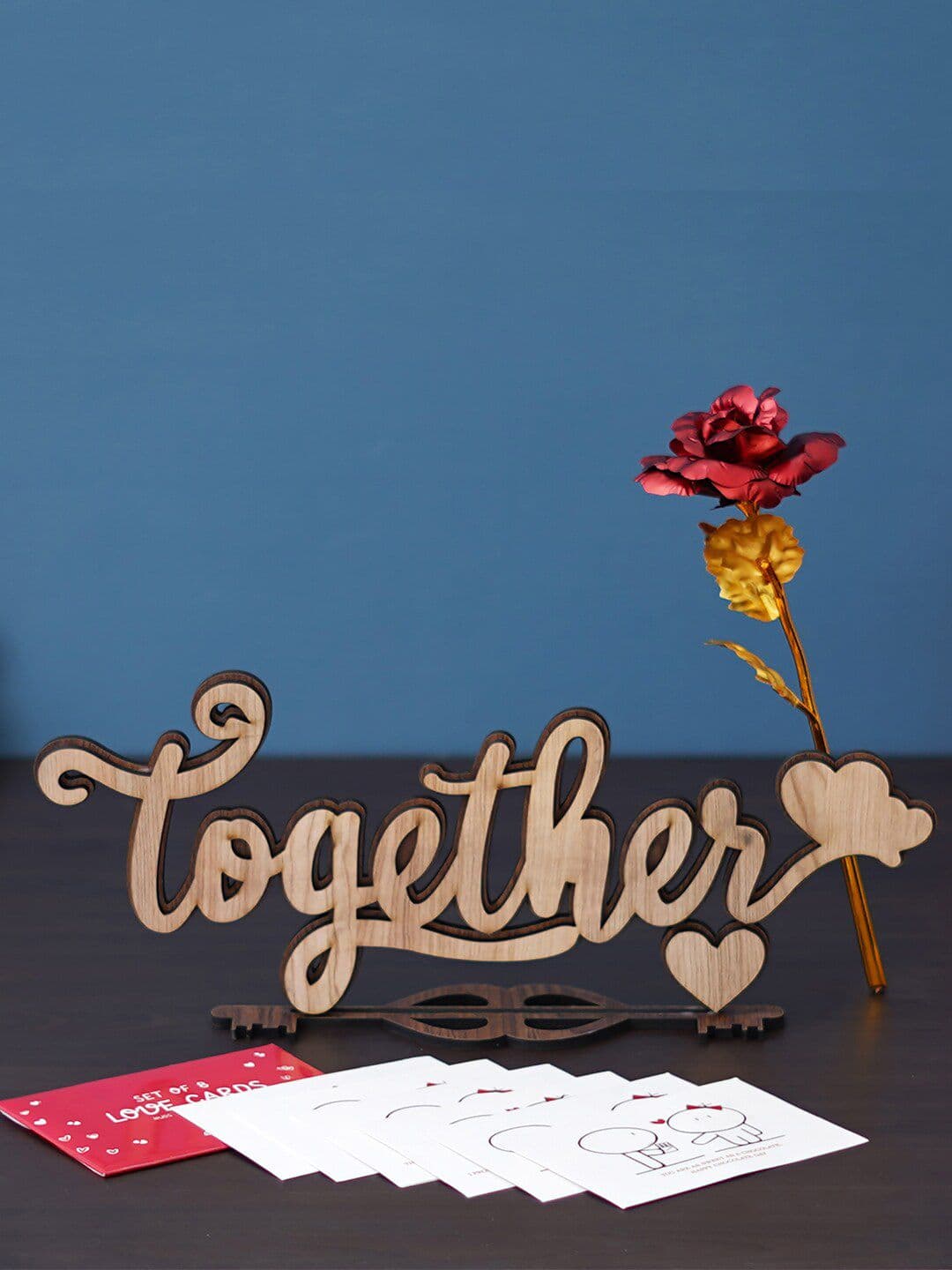 Artisyn 11 Pieces Red & Brown Love Gift Cards Rose & Wooden Showpieces - view 1