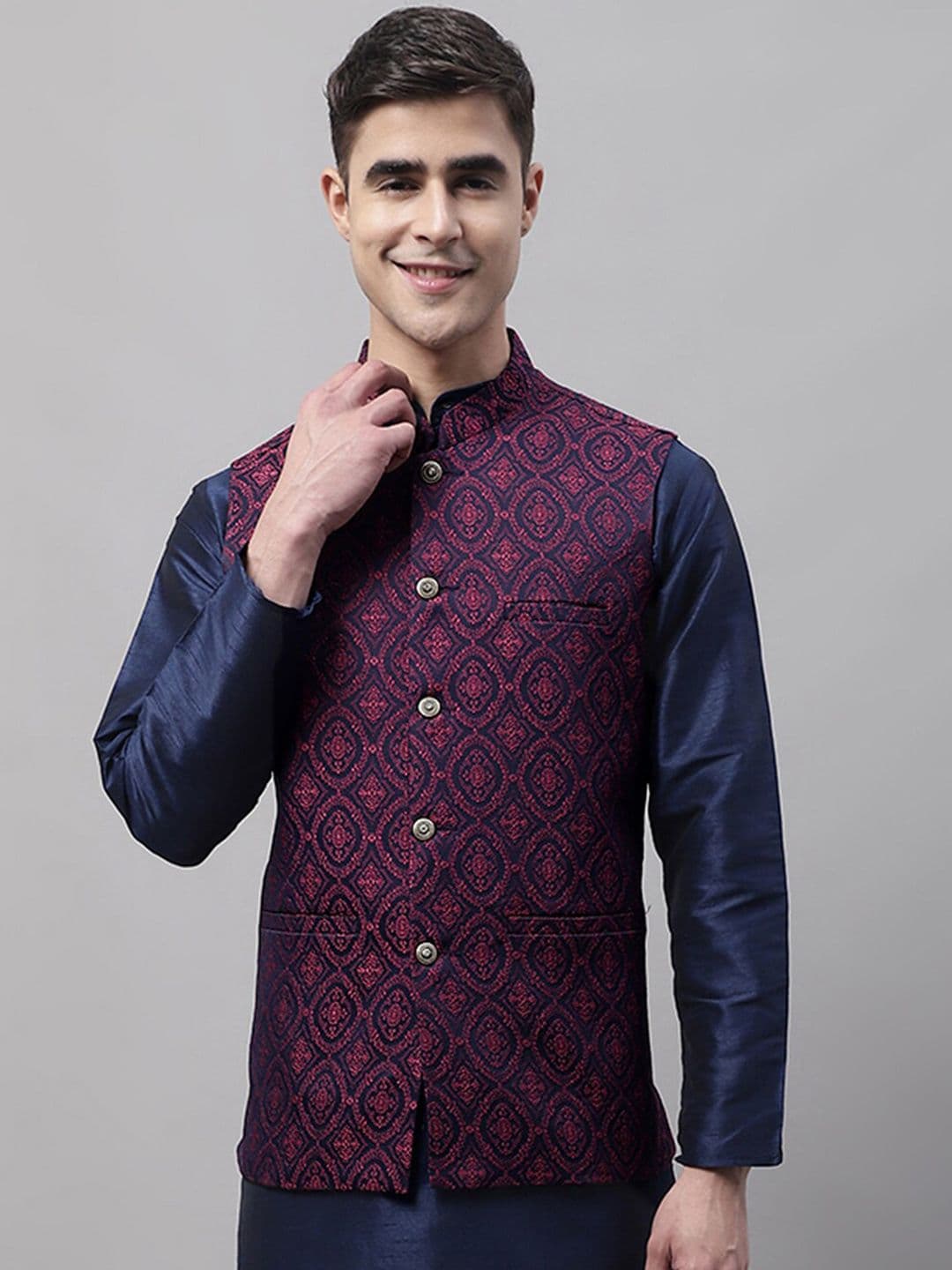 Jompers Men Woven Design Mandarin Collar Nehru Jackets - view 1