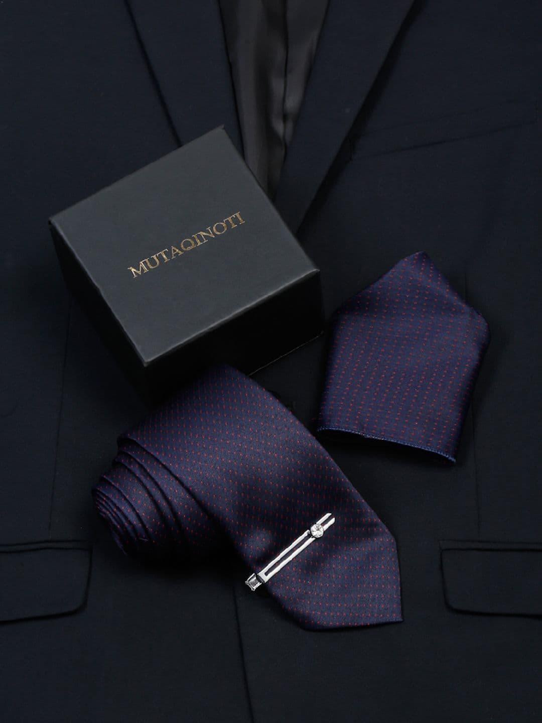 LOUIS STITCH Men Dotted Pattern Blue Italian Silk Necktie Accessory Gift Set - view 1