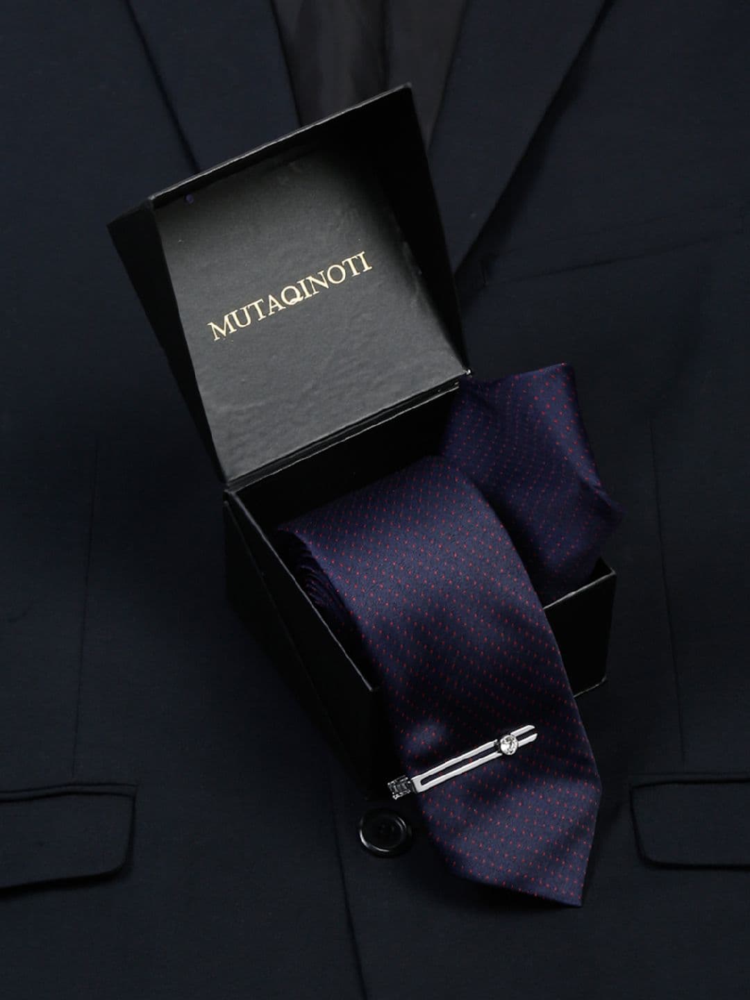 LOUIS STITCH Men Dotted Pattern Blue Italian Silk Necktie Accessory Gift Set - view 1
