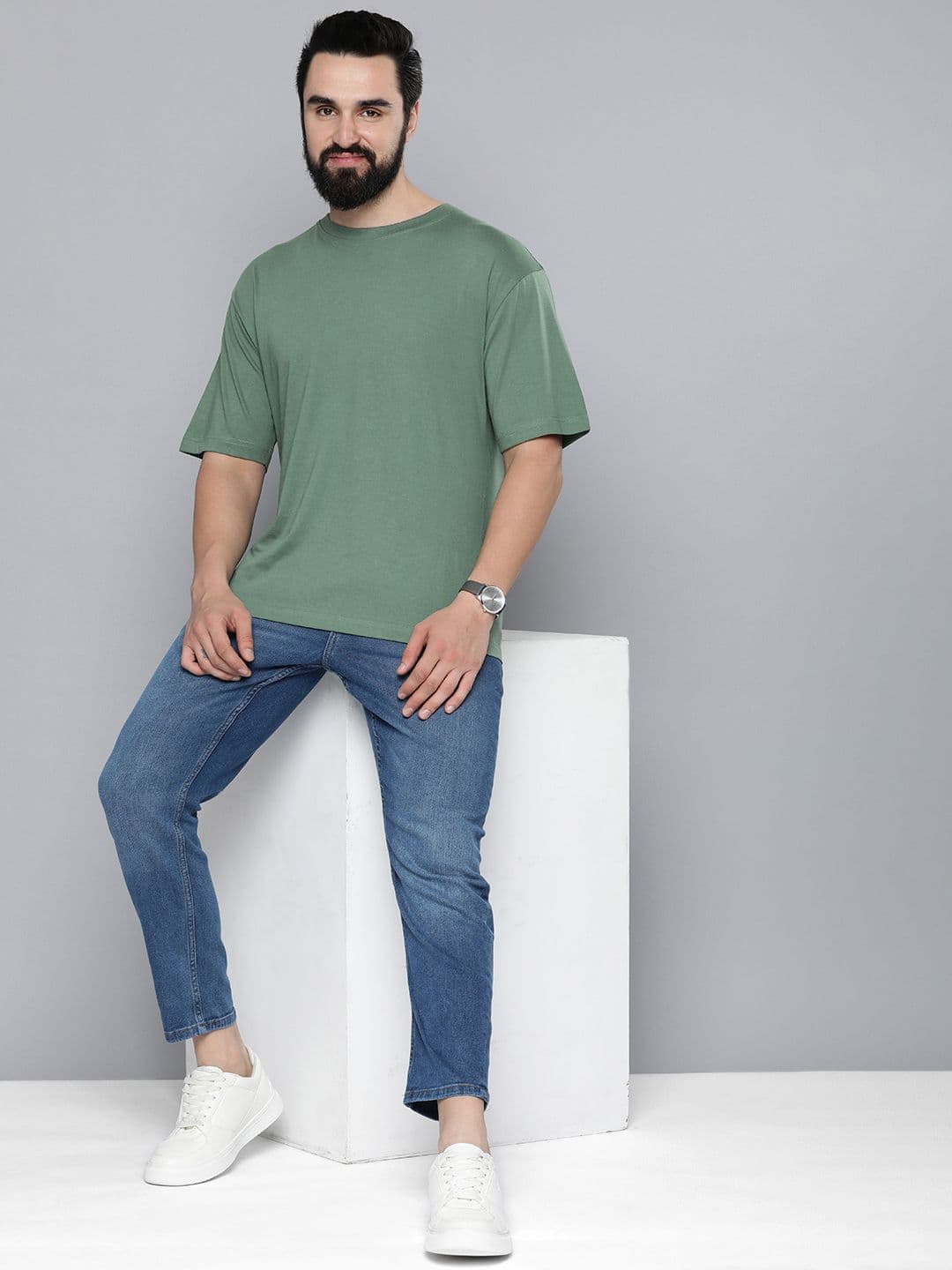 Mast & Harbour Round Neck Drop-Shoulder Sleeves Cotton T-shirt - view 1