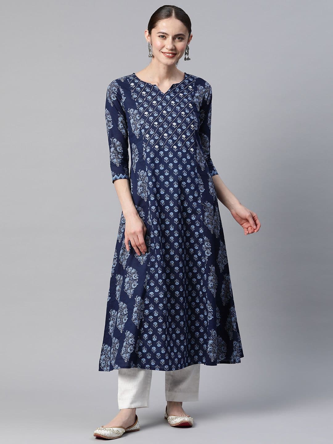 Vbuyz Womens Blue Print with Hand Work A-Line Cotton Kurta - view 1