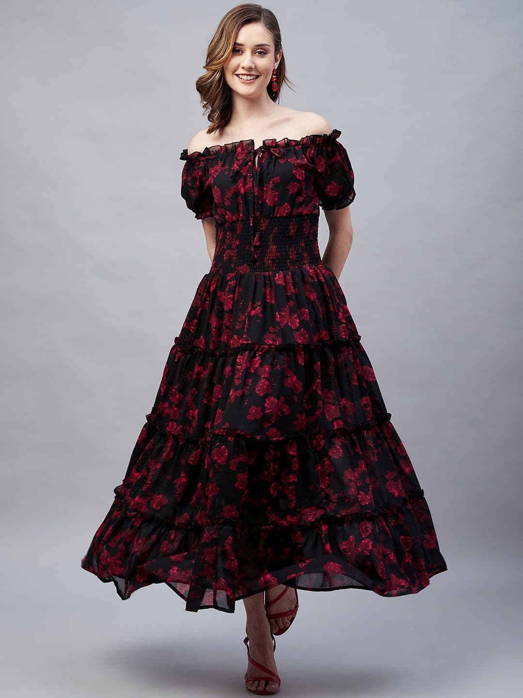 RARE Floral Printed Off-Shoulder Tiered Smocked Maxi Dress - view 1