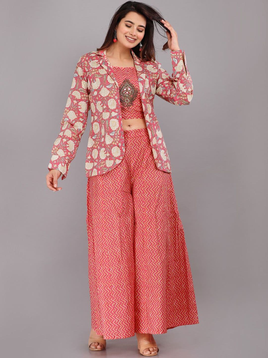 KALINI Women Chevron Printed Pure Cotton Crop Top With Palazzo & Jacket - view 1
