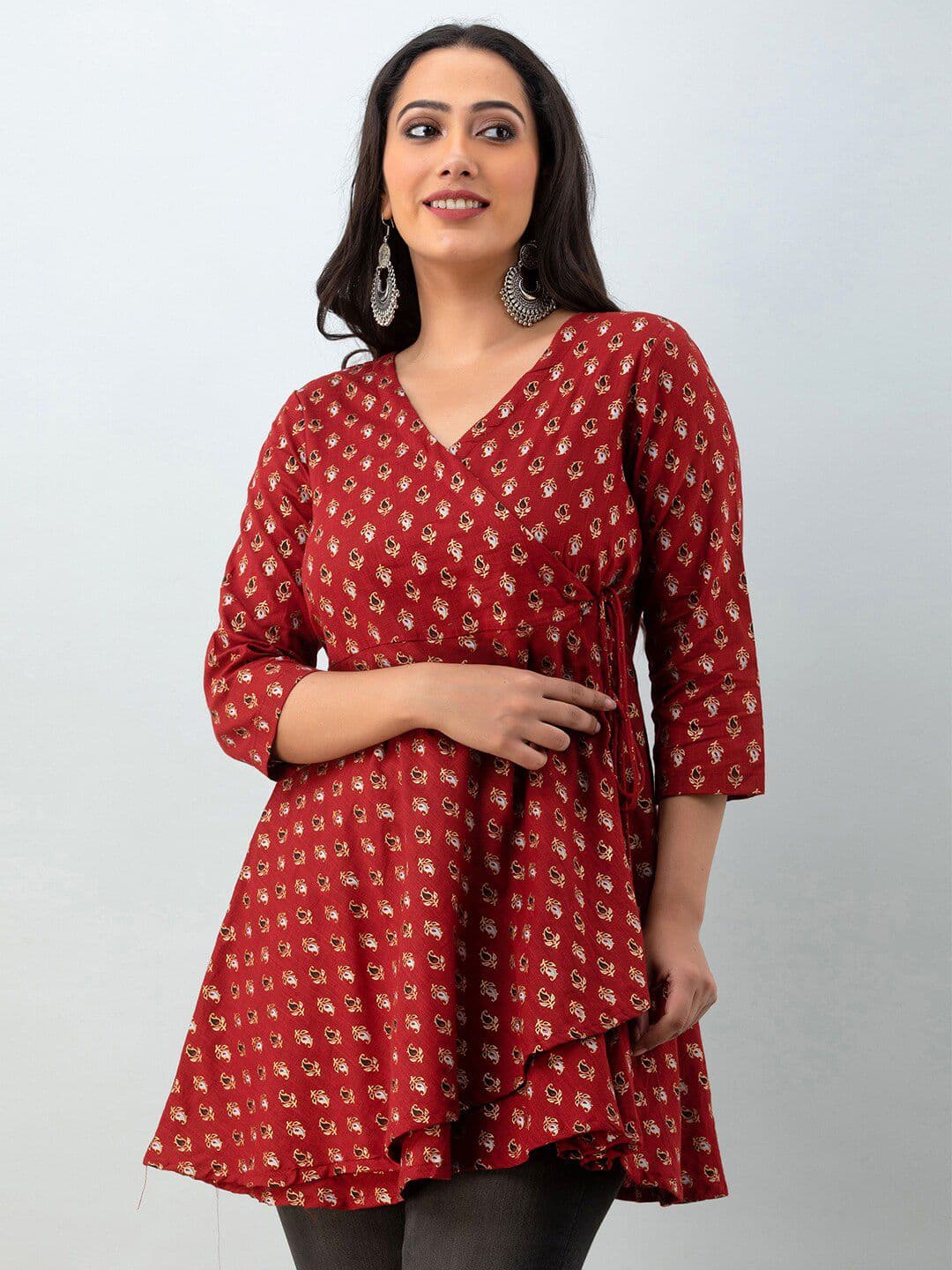 FERANOID Ethnic Motifs Printed V-Neck Pure Cotton Angrakha Kurti - view 1