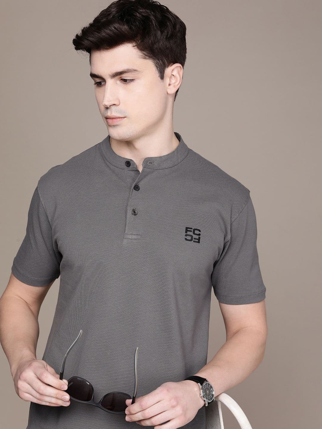 French Connection Men Pure Cotton Solid Henley Neck Casual T-shirt - view 1
