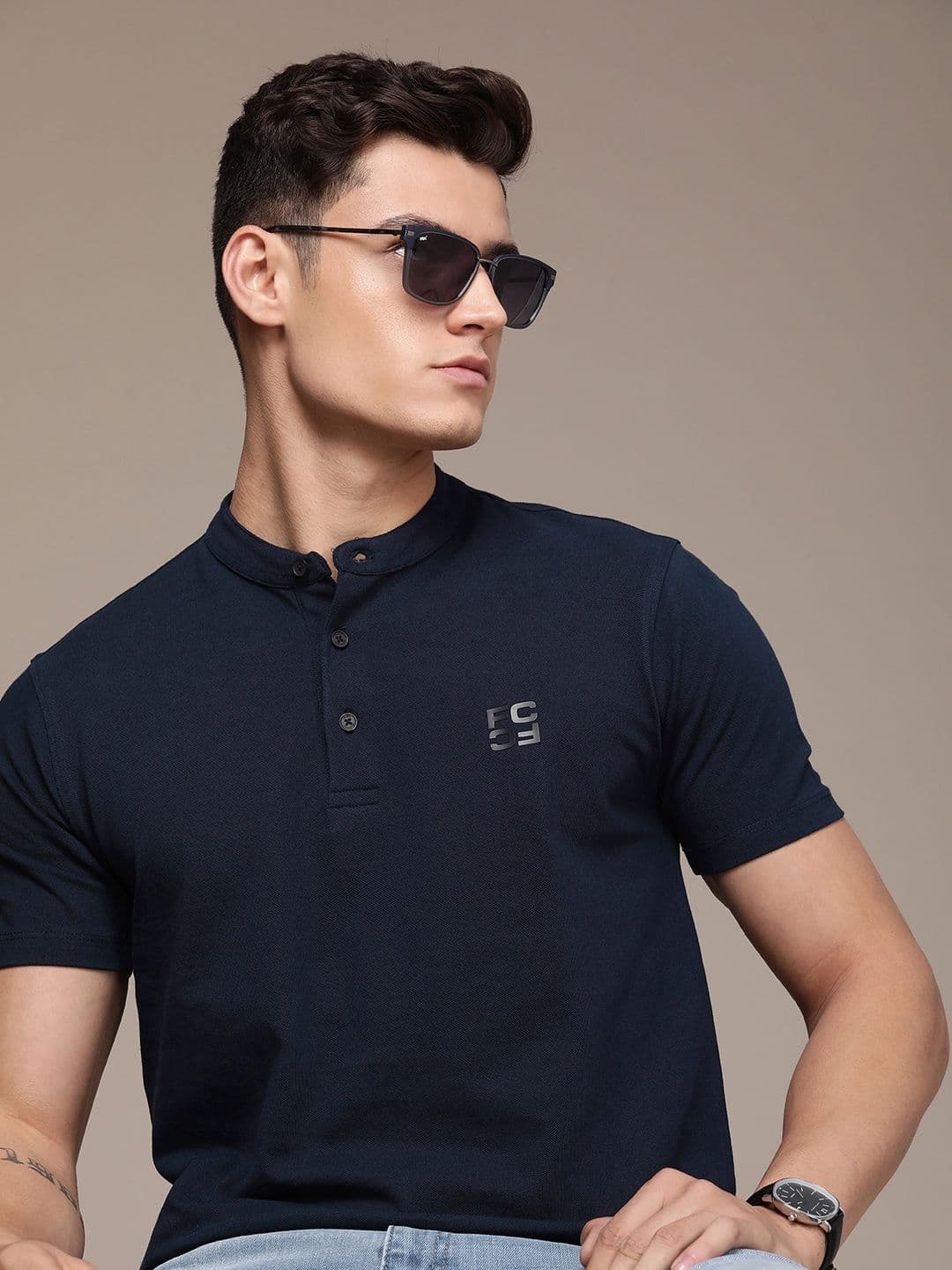 French Connection Brand Logo Henley Neck Pure Cotton Applique T-shirt - view 1