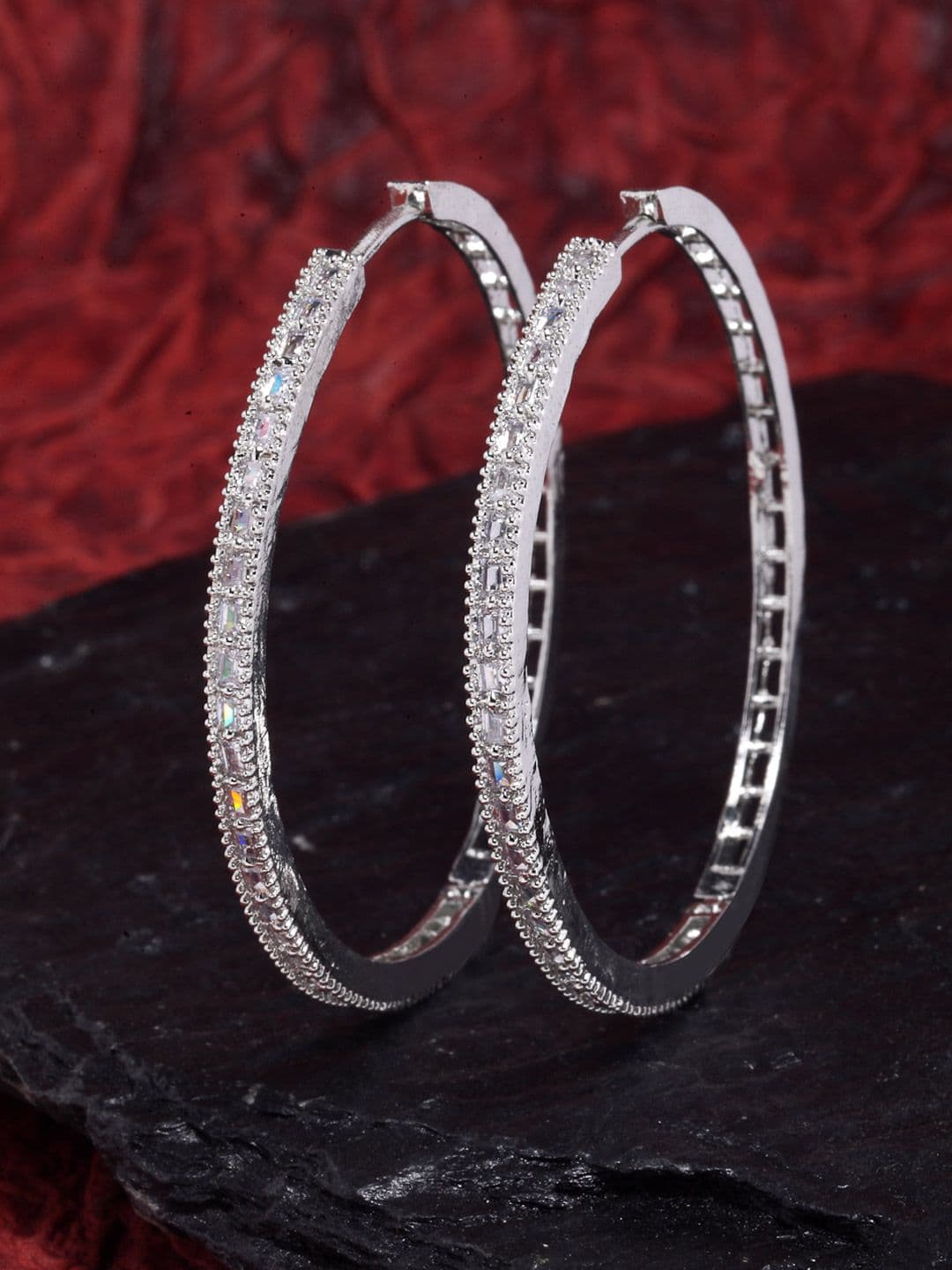 ZENEME Rhodium Plated American Diamond Circular Hoop Earrings - view 1