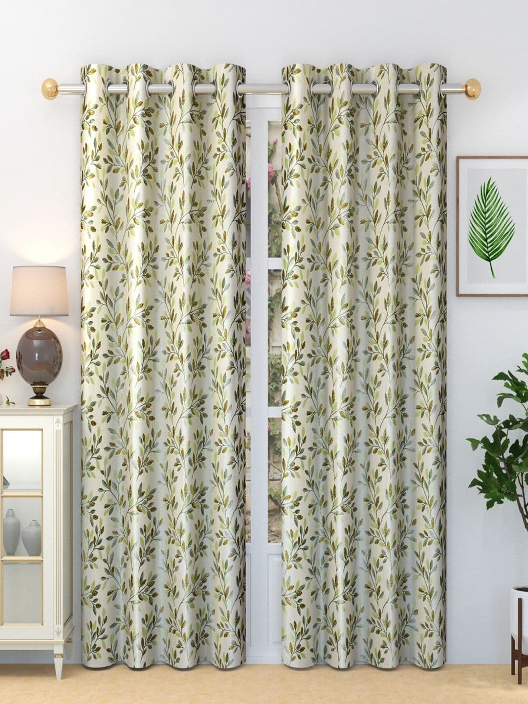 Homefab India Fern Cream & Brown 2 Pieces Floral Long Door Curtains - view 1