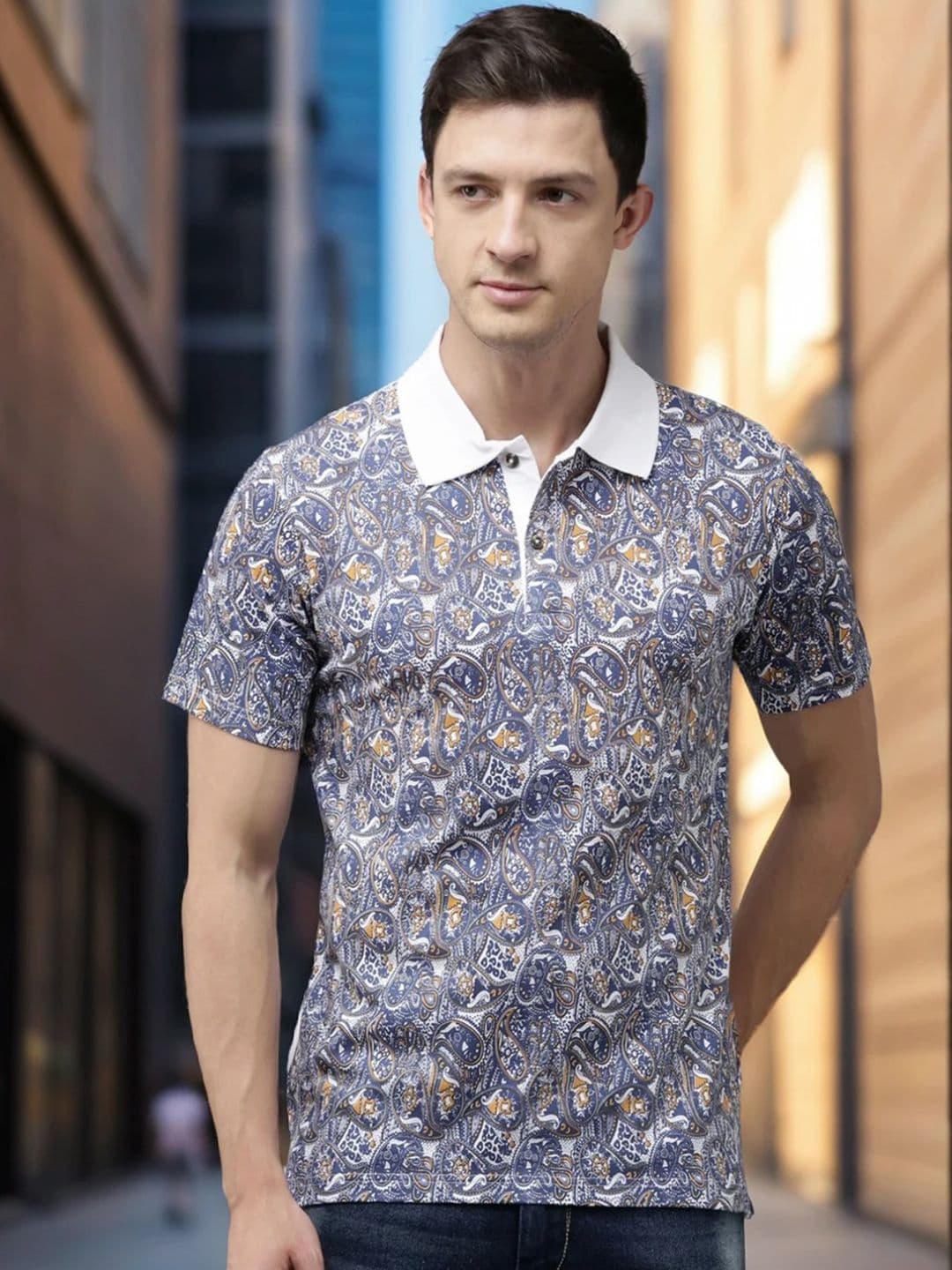 Kryptic Paisley Printed Polo Collar Pure Cotton T-shirt - view 1