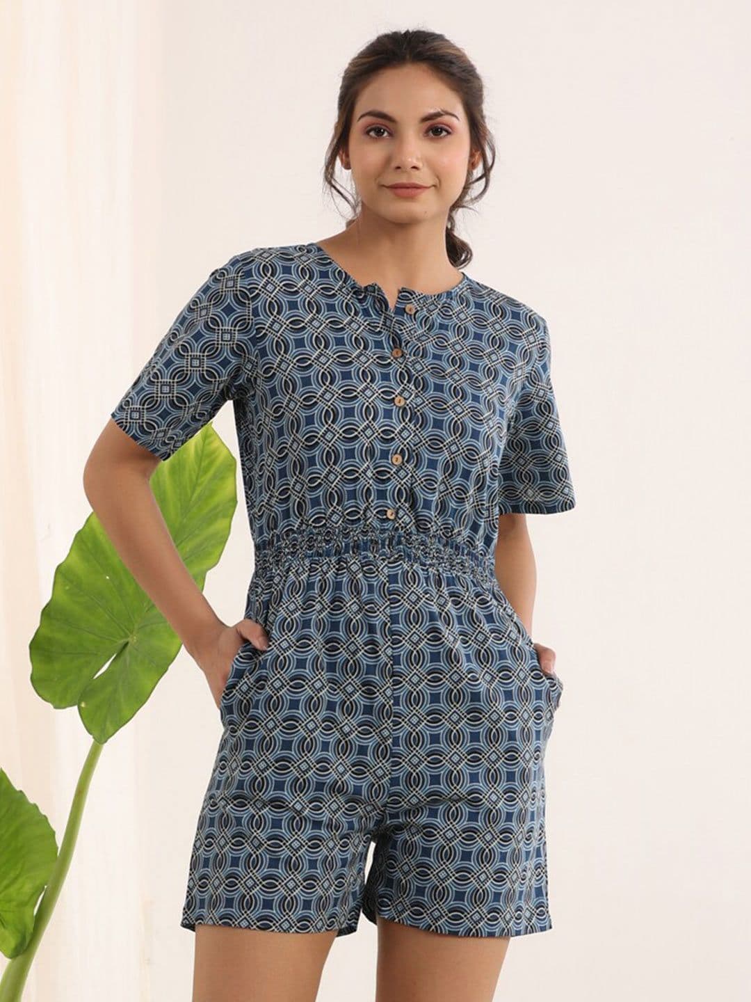 SANSKRUTIHOMES Geometric Printed Cotton Playsuit Jumpsuit - view 1